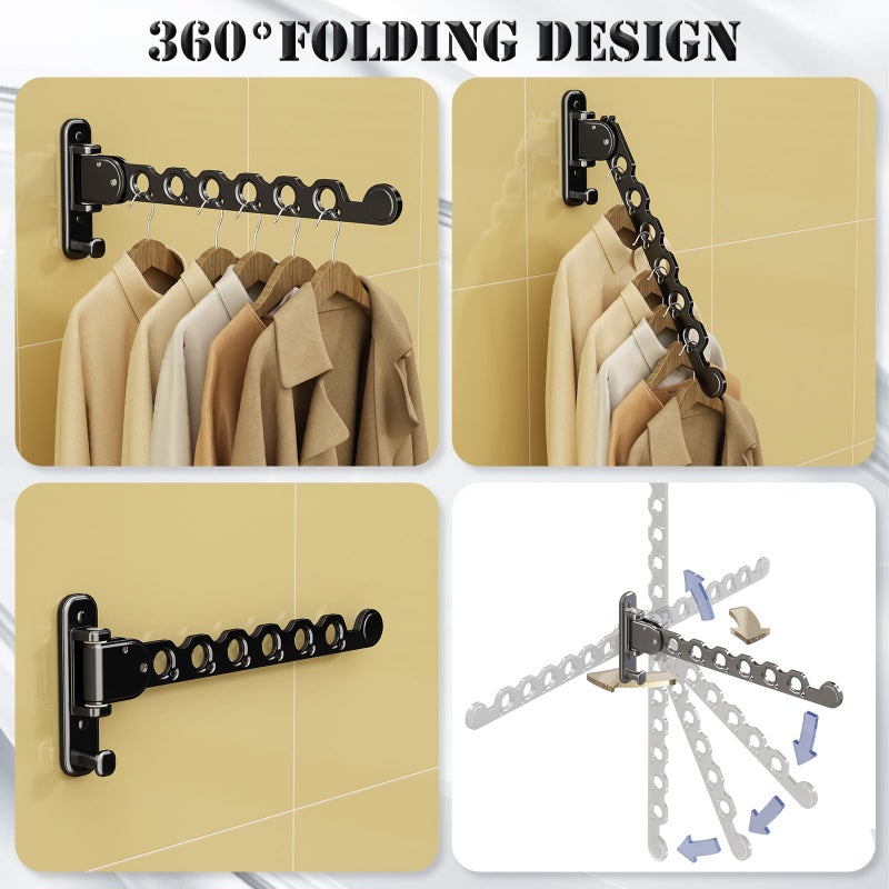 iMonse Wall Mounted Clothes Hanger Rack Folding Wall Mounted Clothes Hanger for Laundry With Swing Arm Space Saving Closet Storage Organizer Heavy Duty Coat Hook For Bathroom Bedroom Black 2-Pack - Image 2